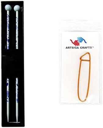 ChiaoGoo Blue Flower Single Point 9-inch (23cm) Painted Bamboo Knitting Needle; Size US 10 (6mm) Bundle with 1 Artsiga Crafts Stitch Holder 1109-10