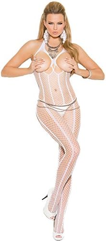 hotgreenpepper Women's Sexy White Open Bust Halter Neck Striped Fishnet Bodystocking (One-size 8-12 UK)