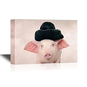 Pigs Canvas Wall Art - Little Pig with Black Hat - Gallery Wrap Modern Home Art | Ready to Hang - 12x18 inches