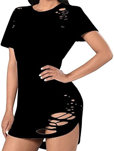 Heller Ma Women's O Neck Short Sleeve Ripped Sexy Clubwear T-Shirts Dress (XL, Black)