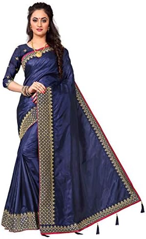 Ethvilla Women's Embroidered Silk Saree with Blouse (Navy blue; Free size)