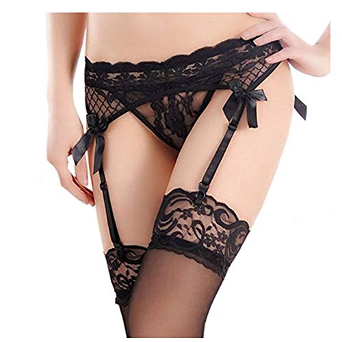 MISMXC Women's 3 Pieces Lace Garter Belt Stockings Sets with Butterfly Panty (Black)