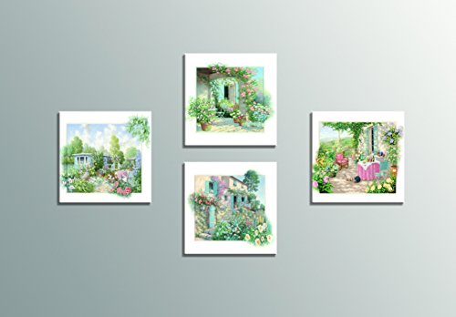 HLJ Arts 4 Panels Giclee Pastoral Scenery Theme Colorful Garden Flowers Photograph Printed Paintings on Canvas for Wall Decor 12x12inches 4pcs/set (Multi)