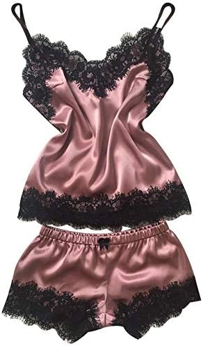 Women's Satin Pajama Cami Set Silky Lace Nightwear 2 Piece Lingerie Short Sleepwear