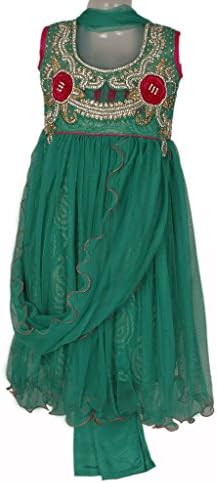 Green and Red Colour Girls Party Wear Punjabi Suit, Size 22
