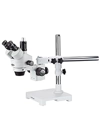 AmScope SM 3T microscopio estéreo trinocular profesional con zoom estereoscópico SM 3T con control simultáneo de enfoque, oculares WH10x, aumento 7X 45X, objetivo zoom 0.7X 4.5X, iluminación ambiental, soporte de pluma de doble brazo.