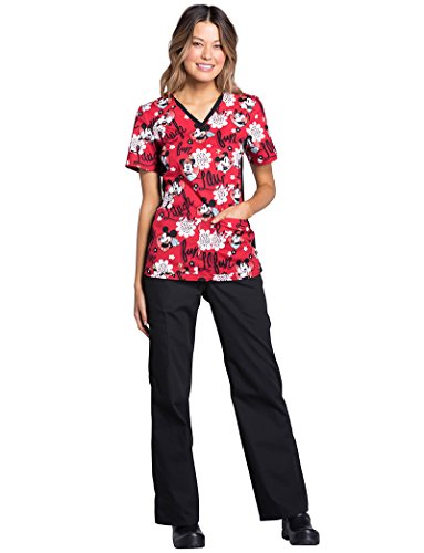 Cherokee Tooniforms by Women's V-Neck Knit Panel Mickey Mouse Print Scrub Top Small Print