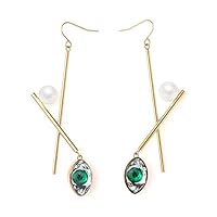 AiryAi Dangle Earring X-Shape Cross Bar Evil Eye Pearl 20K Gold Plated Over Metal Women & Girls Artist-Quality Jewelry