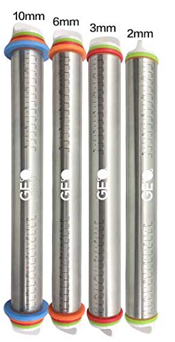 GEO Stainless Steel Adjustable Dough Rolling Pin With 4 Removable Thickness Rings for Baking Dough, Pizza, Pie, Pastries, Pasta and Cookies