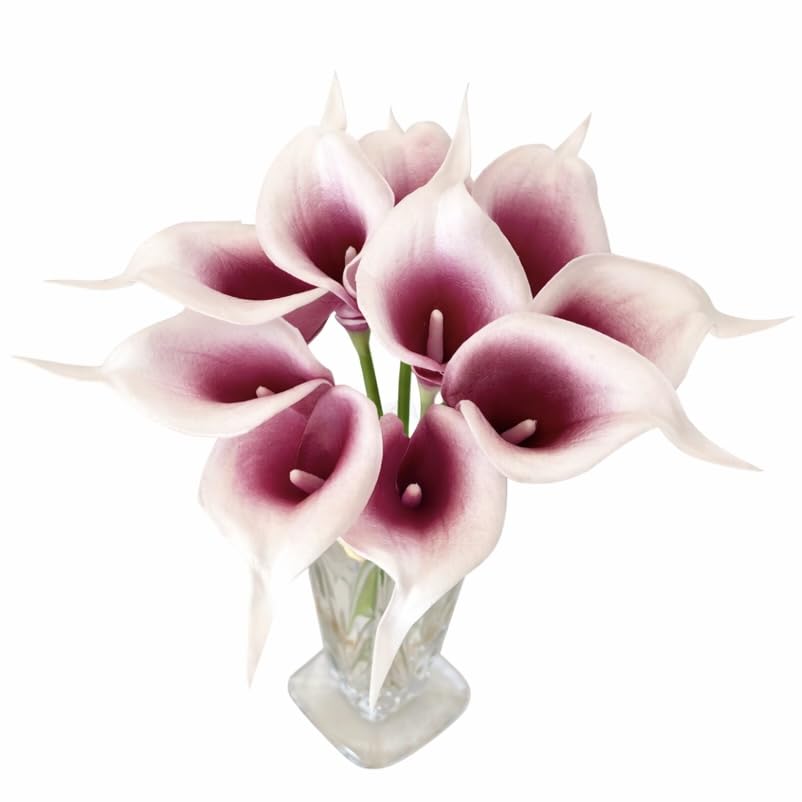 Floral Kingdom Artificial Calla Lily Flowers 10 Pack 14 Inch Purple & White – Real Touch Faux Calla Lilies Bouquet for Home Decor, Living Room Décor, Wedding Centerpieces