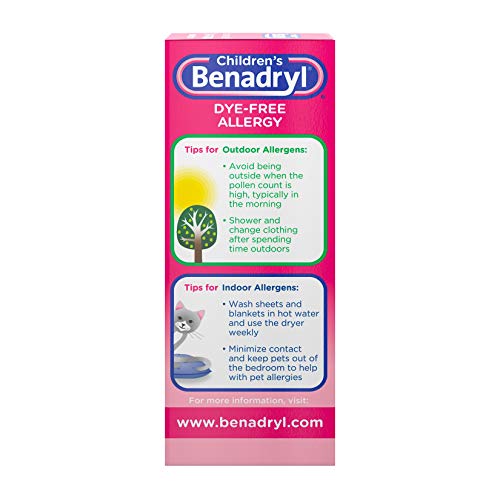 CHILDREN’S BENADRYL DYE-FREE ALLERGY RELIEF LIQUID + 12.5 MG DIPHENHYDRAMINE HCL, ANTIHISTAMINE ALLERGY MEDICINE FOR KIDS HELPS RELIEVE RUNNY NOSE & SNEEZING, BUBBLE GUM FLAVOR, 4 FL. OZ