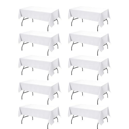 Dailyset 10-Pack White Tablecloths for Rectangle Tables, 60 x 102 Inches, Stain-Resistant Polyester Fabric for 6 Foot Tables - Washable Table Covers for Weddings, Banquets, Birthday, Parties, Events