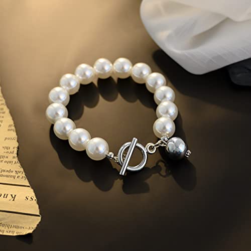 CHANBO 2 Pairs Silver Pearl Bracelet for Women\'s Girl, Pearl Pendant Jewelry Bracelet Silver Chain Beaded Women\'s Bracelet