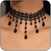 MarveBard Gothic Black Lace Choker Necklace for Women Vintage Crystal Pendant Tassel Necklace Victoria Goth Vampire Charm Necklace Halloween Mysterious Witch Vampire Jewelry