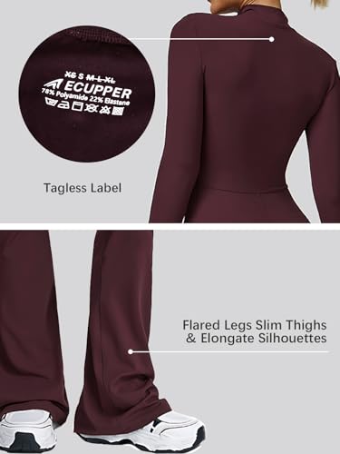 Ecupper Women's Jumpsuit with Long Sleeves, Slit Bottom, Zipper, Jumpsuit, Full Bodysuit, Yoga Unitard, Wide Legs and Sexy