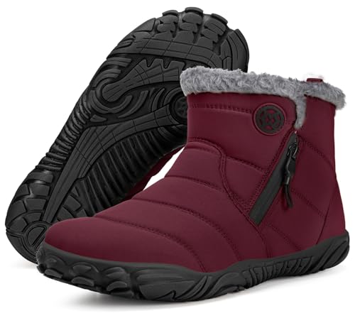 Damen Winterstiefel Warm Gefüttert Barfuß Stiefeletten Zehenschuhe Reißverschluss Weite Zehenbox Kurz Stiefel Boots Schuhe Wein_Rot 37