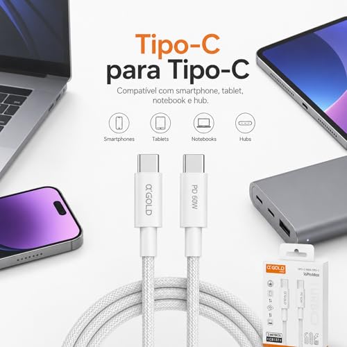 Cabo Tipo-C para Tipo-C 2 Metros 60W Turbo PD Nylon Trançado Reforçado, Carregamento Rápido e Transferência de Dados, Compatível com iPhone 15/16, Samsung, Xiaomi, Motorola, iPad, Notebook e Android