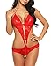 ADOME Women Lingerie Deep V Halter Lace Babydoll Mini Bodysuit, Style1-red, Large
