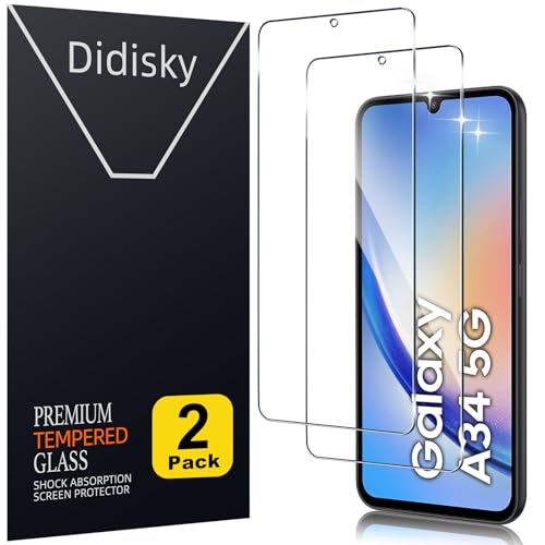Didisky 2 Pack Tempered Glass Screen Protector for Samsung Galaxy A34 5G, Scratch-Resistant, 9H Hardness, No Bubbles, High Definition Screen Protector, Easy to Use