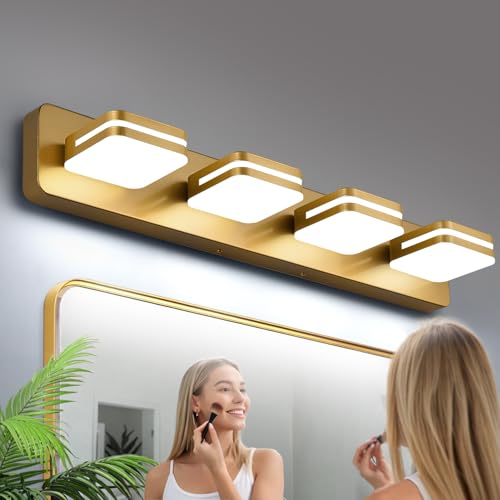 1600LM LED Dimmable Bathroom Vanity Light Fixtures, 360° Rotate Acrylic Gold Vanity Lights for Bathroom, Modern Wall Lighting Fixtures Over Mirror Kitchen Living Room (Natural White Light 5000K)