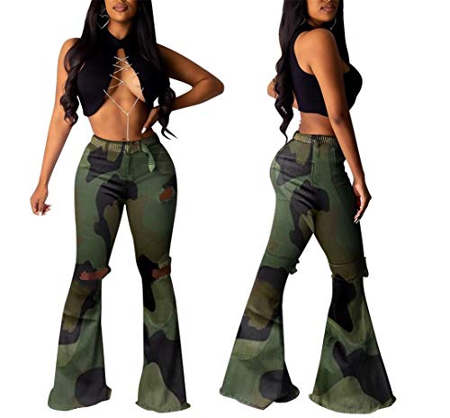 Molisry Women Camouflage Middle-Waisted Bell Bottom Stretchy Bodycon Bootcut Flare Long Pants - Thumbnail 3