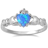 Irish Claddagh Lab Created Blue Opal Ring Sizes 3-12