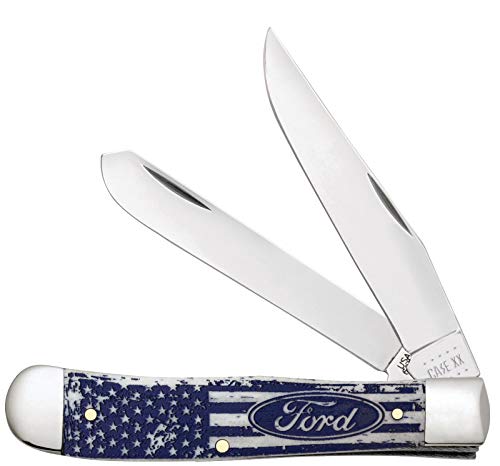 CaseXX Ford Logo and U.S. Flag Blue and White Natural Bone Trapper Pocket Knife Knives