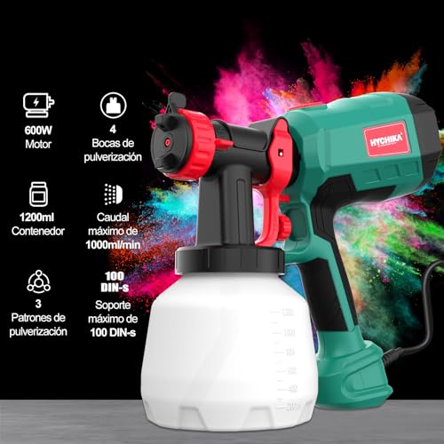 HYCHIKA Paint Gun, 600W HVLP Paint Gun, 1200ML Tank 4 Nozzles and 2 Cleaning Tools, 3 Pattern Paint Sprayer for Walls and Ceilings, Fences