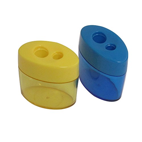 Mega Pack Of 12 Double Hole Oval Shaped Pencil Sharpener With Cover And Receptacle - Comes In 4 Colors! By Mega Stationers