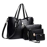 Tibes Fashion Women's PU Leather Handbag+Shoulder Bag+Purse+Card Holder 4pcs Set Tote Black