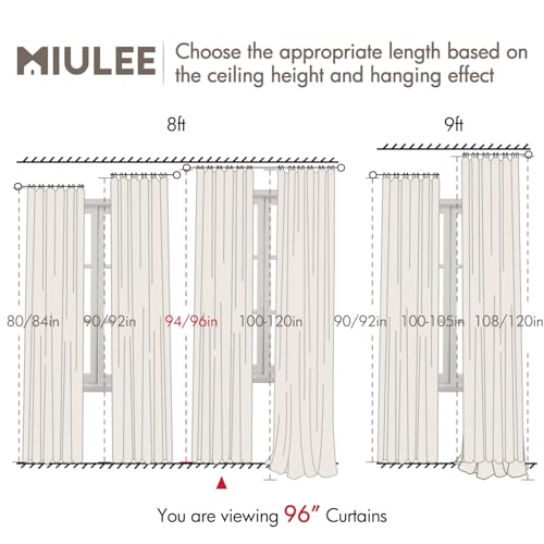 MIULEE 100% Blackout Curtains 96 Inch Long 2 Panels Set for Bedroom, Cream Thick Faux Linen Black Out Curtain Room Darkening Pleated Floor to Ceiling Window Drapes with Hooks for Living Room, Birch