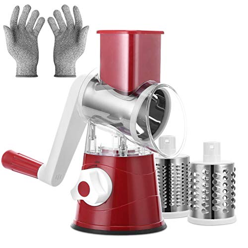 KARIDGE Rotary Cheese Grater with Cut Resistant Gloves, Kitchen Round Mandoline Veggie Slicer with 3 Interchangeable Blades for Grating, Shredding and Slicing for Cheese, Vegetables and Nuts (Red) - Thumbnail 7