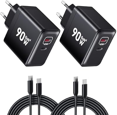 90W USB C Ladegerät, 2-Pack 2 Port Schnellladegerät mit Kabel, GaN PD Charger für iPhone 17/16/15 Series, MacBook Pro, iPad, Galaxy, Pixel und mehr