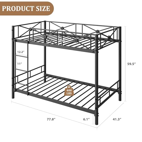 Bunk Bed Twin Over Twin for Kids, Teens & Adults Bunk Bed with Storage, Heavy Duty Steel Frame with Safety Guard Rails, No Box Spring Needed, Easy Assembly