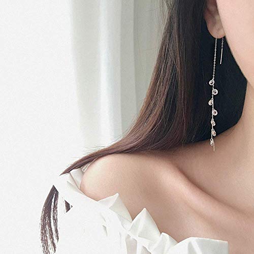 925 Sterling Silver Tassel Drop Earrings Long CZ Droplet Dangle Threader Earrings for Women