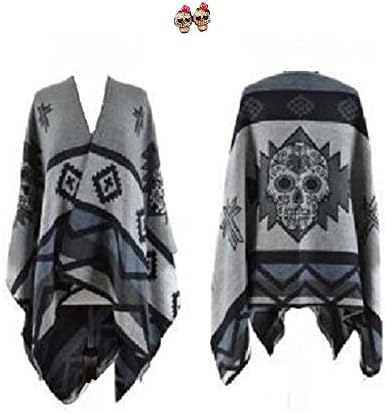 HSN Aztec Sugar Skull Pirate Biker Gothic Shawl Poncho Black Gray + Earrings