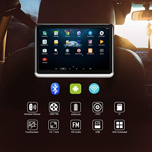 Dual Android Headrest DVD Player for Car 10.1" Touch Screen Bluetooth 4.0 1080P HD, Support FM WiFi DVD/CD/USB Drive/TF Card/HDMI Out, Built-in 4500mAh Battery Back Seat Monitor with Mount