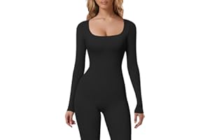 HYZ Women's Fall Long Sleeve Square Neck High Stretchy Fitted Going Out One Piece Jumpsuit