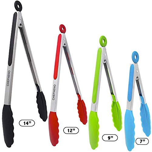 ChefNeno Silicone Tongs Stainless Steel Kitchen Tongs with Silicone Tips Set of Four - 7, 9, 12, and 14 Inch Non Stick Silicone Tongs for Cooking Grilling Barbecue BBQ and Serving Salad, 4 Pack