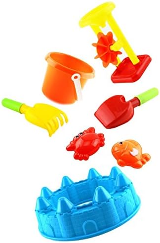 FAVTOY ISLAND 7 Piece Set Beach Sand Toy Set Including Castle, Molds, Bucket, Shovels, Rakes, Mesh bag Packaging