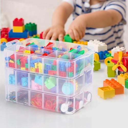 KOWVOWZ 3 Tier Stackable Storage Container Box 30 Compartments Plastic Storage Box with Adjustable Compartments Transparent Container Plastic Storage Box-5L x 5W x 5H centimeters