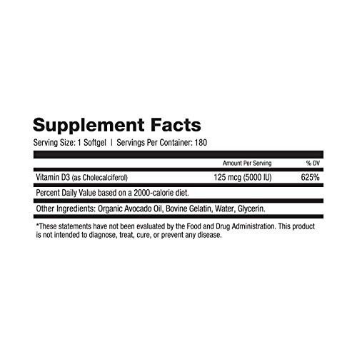 Essential Elements Vitamin D3 5000 IU Softgels with Organic Avocado Oil to Boost Absorption Bone