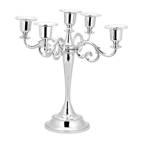 5 Arm Silver Candelabra, Metal Candle Holder with 5 Arms Candelabra Centrepiece Candle Holder Candlestick Holder for 1 Inch Diameter Pillar Candles for Home Wedding Christmas Party, 10.24 x 10.43inch