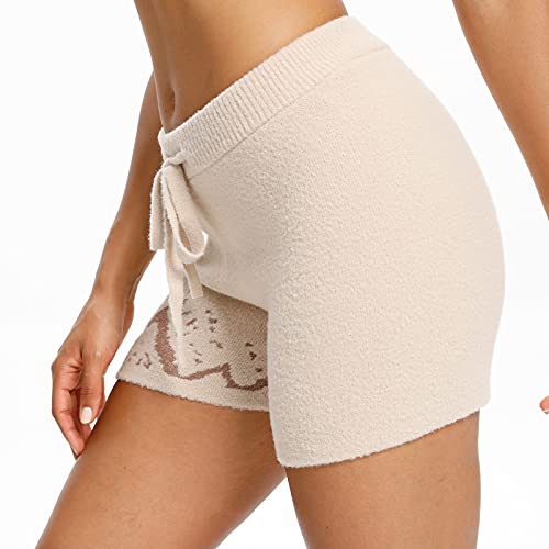Snuggle Sac Women\'s Comfy Drawstring Casual Shorts Summer Elastic Waist Knit Lounge Shorts Relaxed Fit Shorts, Beige/Large