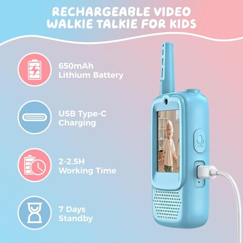 Kids Video Walkie Talkies Toys with Rotating Antenna & 2.0-Inch Screen - Dual-Camera Video Chat, USB-C Rechargeable with Lanyard, Colorful Gift for Interactive Play (Blue and Pink)