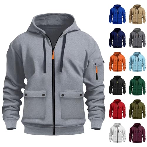 Work Hoodies for Men UK, Fleece Lined Solid Colour Zip Up Hoody Jumpers Cargo Hooded Sweatshirt with Multi Pockets， Tactical Pullover Sweater Tops Athleisure Winter Gym Sports Hoodies