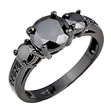 Junxin Round Cut Black Gold Three-stone Diamond Anniversary Ring Black Onyx Size6/7/8/9/10