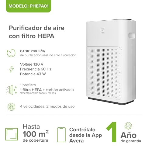 AVERA Purificador de aire con filtro HEPA y carbón activado, Cubre hasta 100 m2 (1076 pies²), 4 velocidades, 2 modos, Control WIFI y táctil, Luz indicadora calidad de aire, Silencioso | PHEPA01