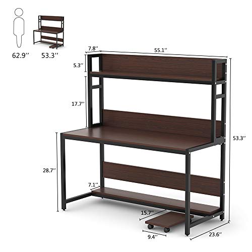 Tribesigns 55" Large Computer Desk with Hutch, Modern Writing Desk with Bookshelf, PC Laptop Study Table Workstation for Home, Cherry Brown+ Black Legs - Thumbnail 7