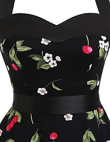 Topdress Women's Vintage Polka Audrey Dress - 1950s Halter Retro Cocktail Dress, Black Floral, Small